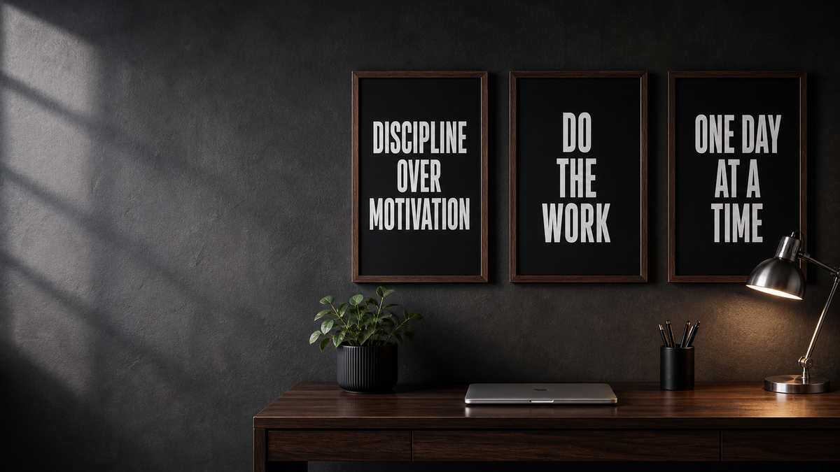 Framed motivational prints above a walnut desk